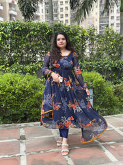 Navy Printed Floral Kurta Set