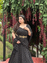 Hand embroidered black foil printed chiffon lehnga saree