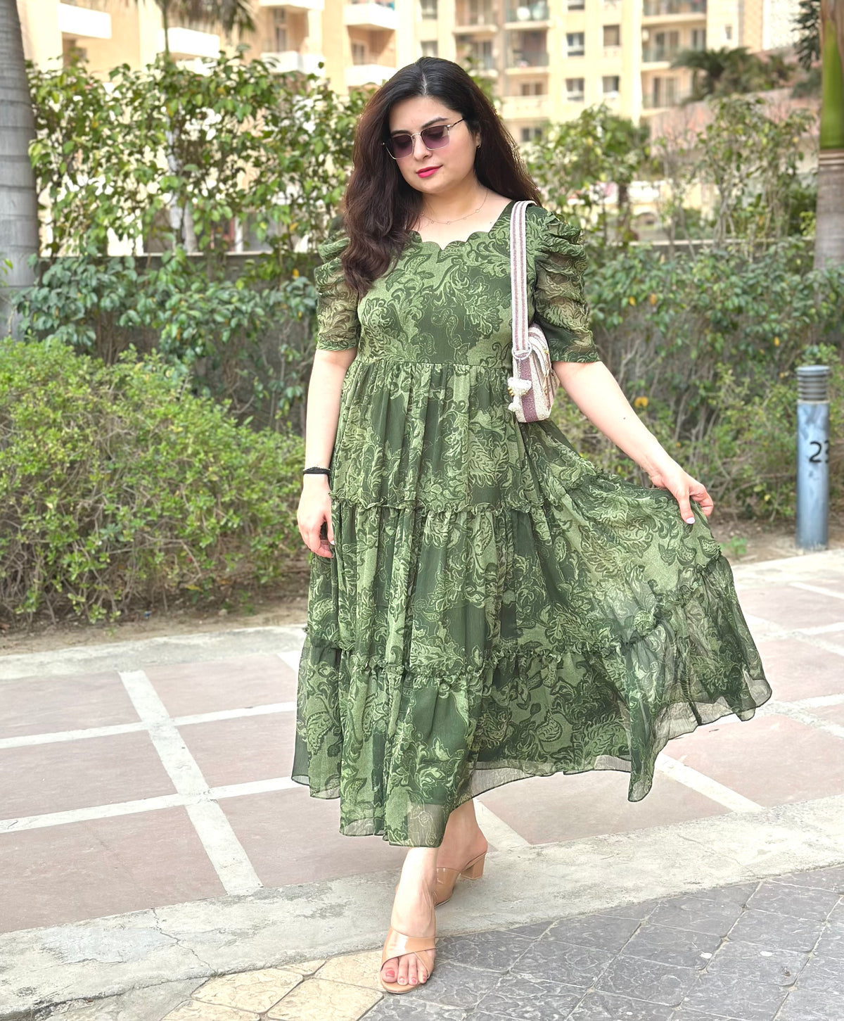 Green Floral Printed Chiffon Midi For Women|Summer Frocks