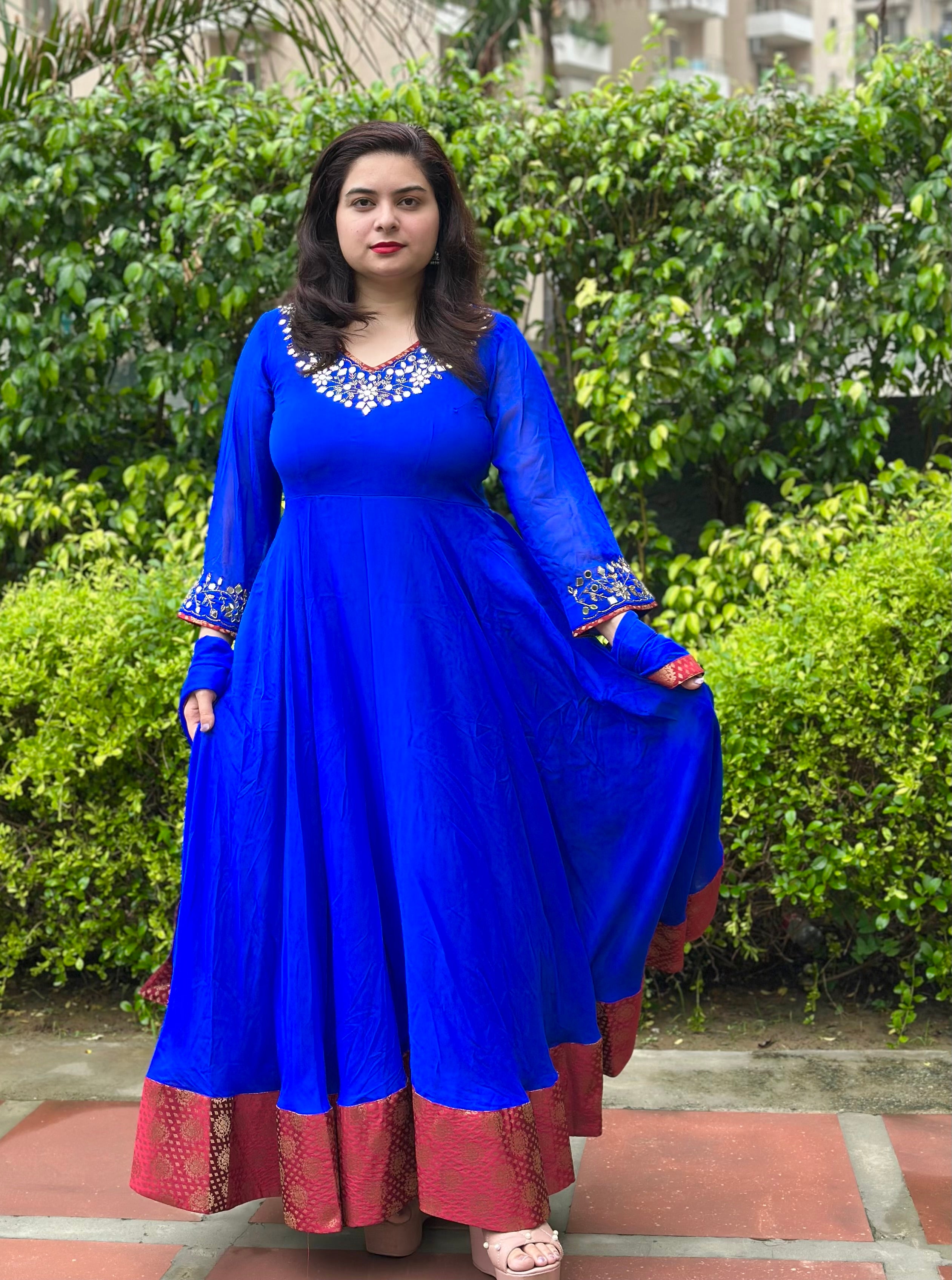 Royal blue real mirror embroidered anarkali