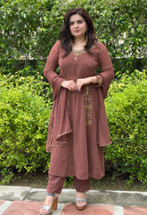 Hand embroidered brown georgette suit set