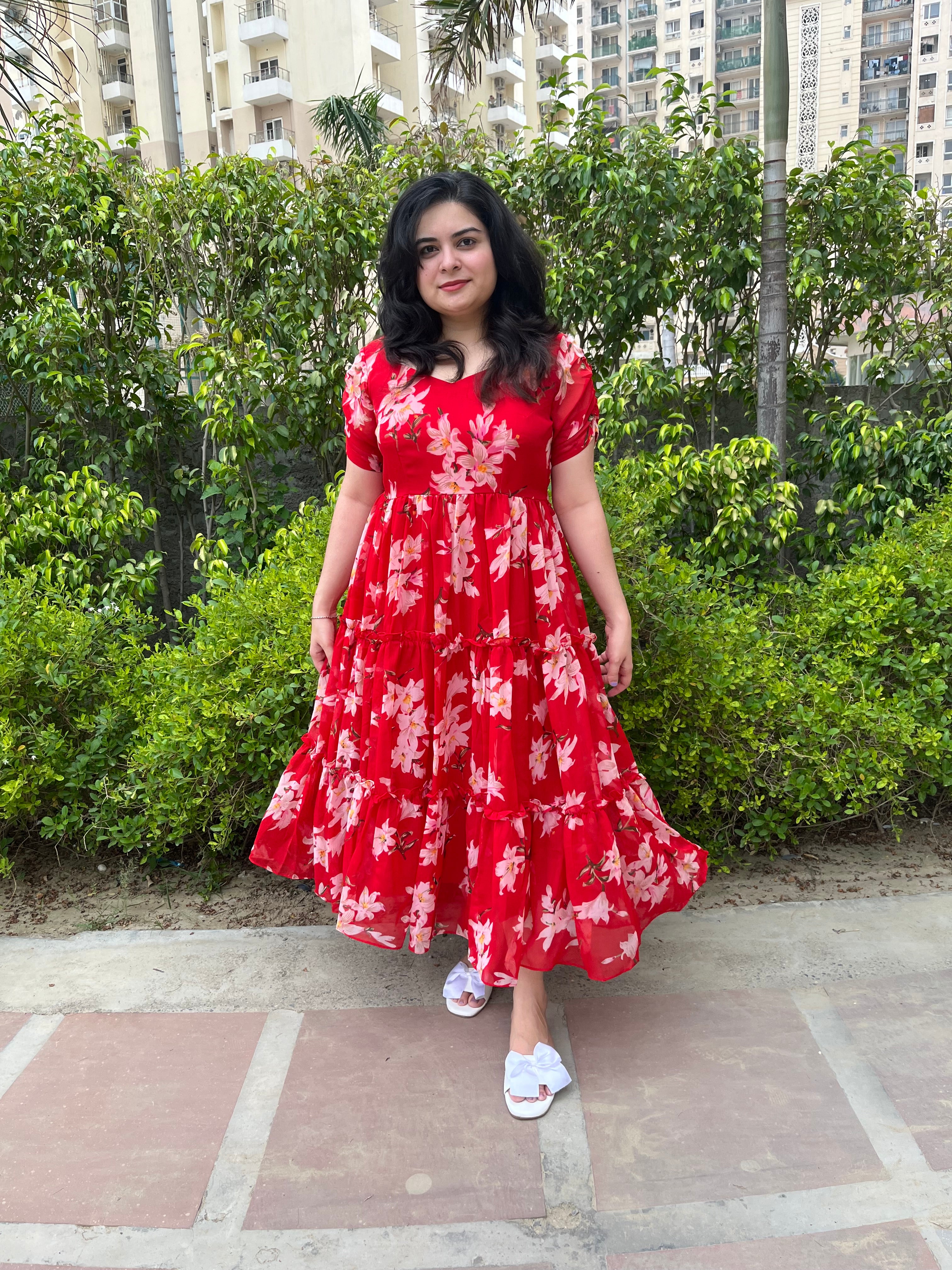Red Floral Georgette Midi Dress