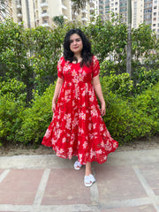 Red Floral Georgette Midi Dress