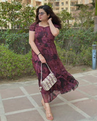 Wine Floral Chiffon Midi Dress For Women| Elegant Summer Party Wear Dress