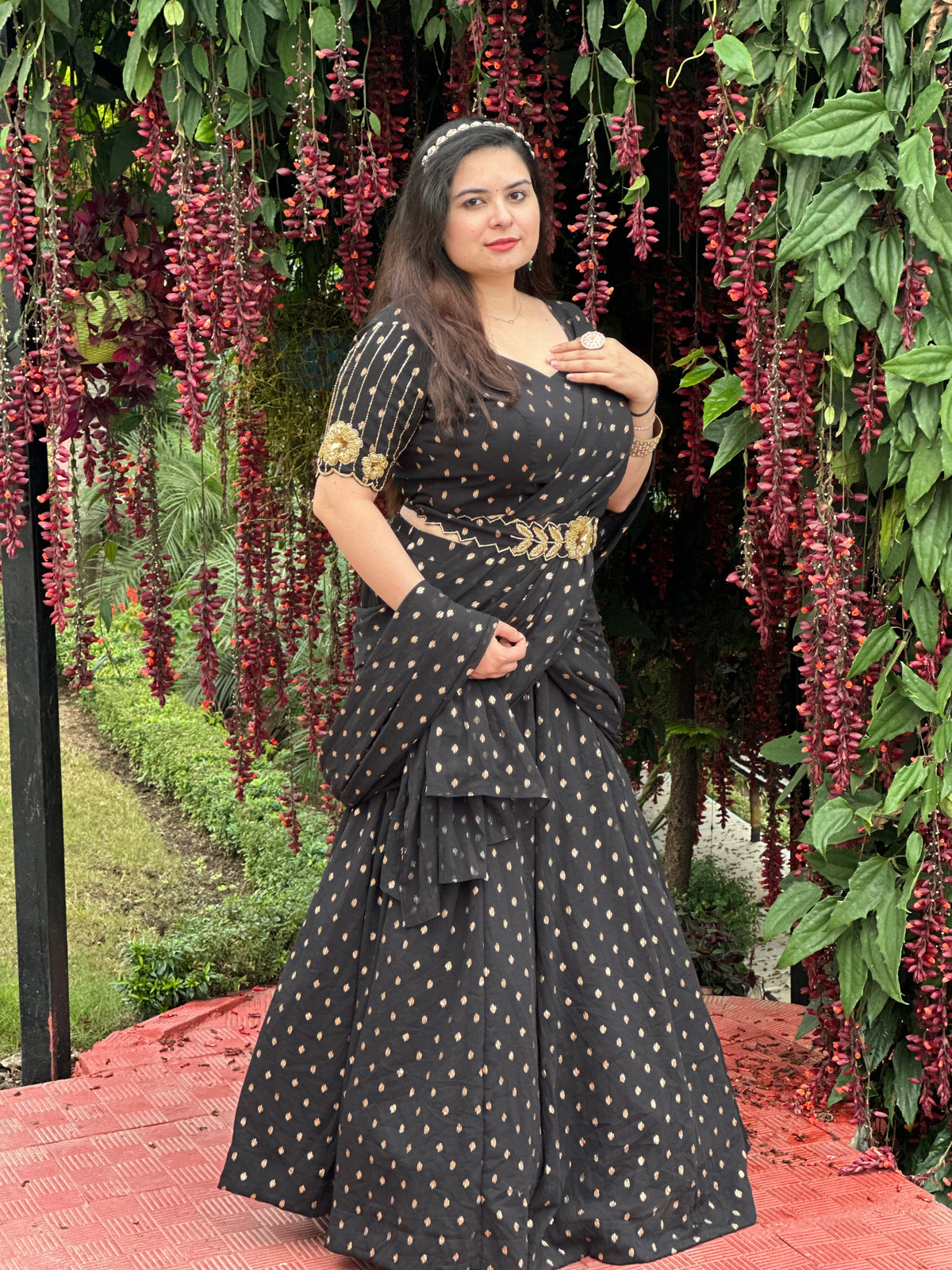 Hand embroidered black foil printed chiffon lehnga saree