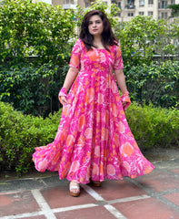 Printed floral pink georgette anarkali|Heavy Flare- Festive & Wedding Wear
