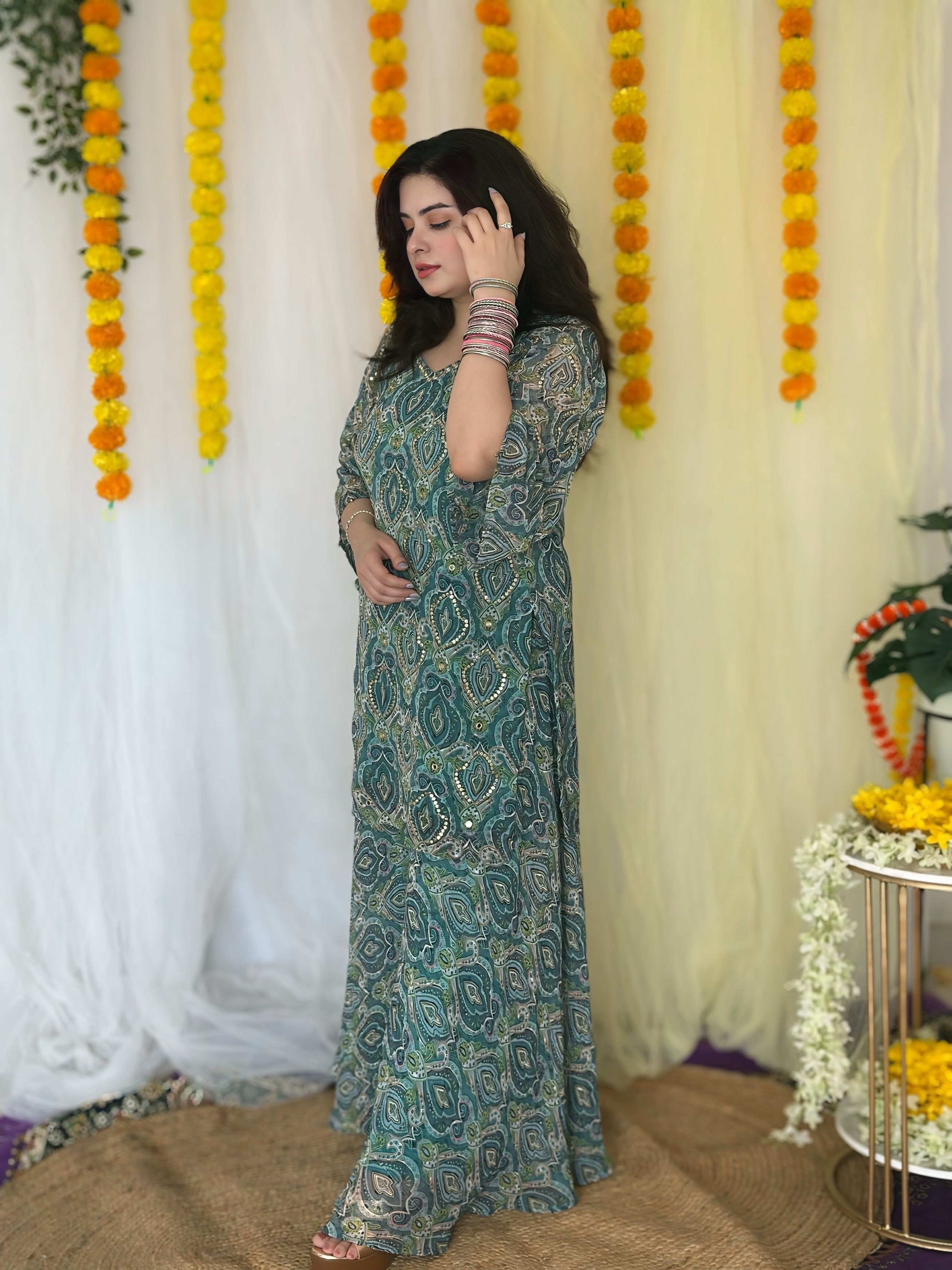 Party wear hand embroidered printed suit palazoo set