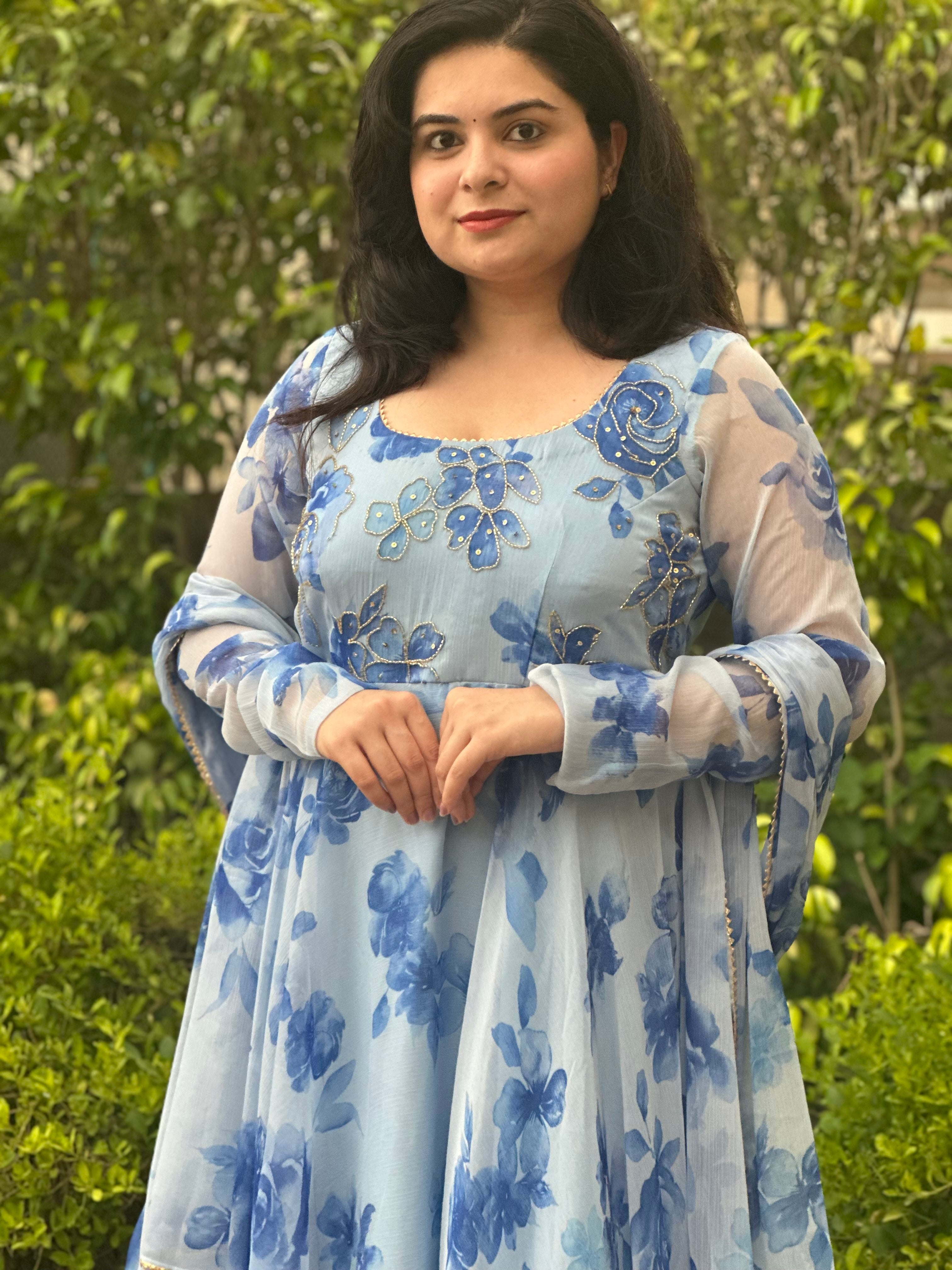 Delicate Hand Embroidered Floral Chiffon Anarkali with Dupatta