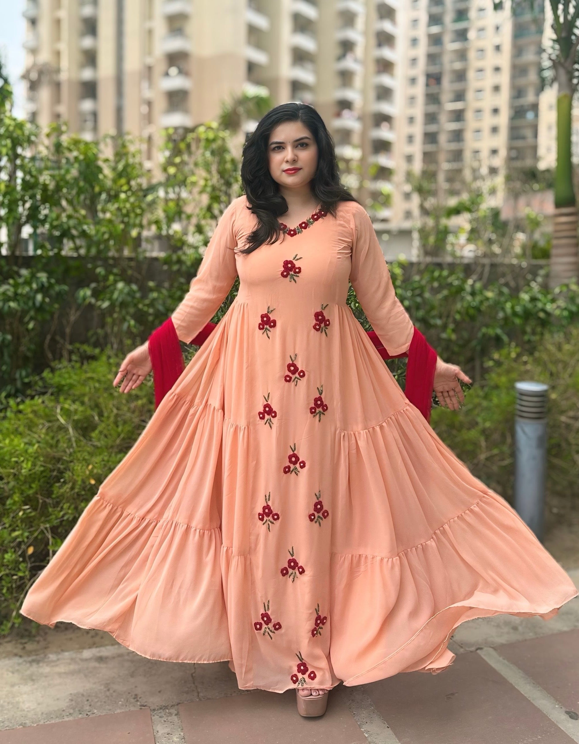 Partywear hand embroidered peach maxi