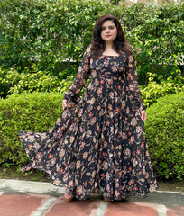 Printed Floral Black Chiffon Anarkali|Heavy Flare- Festive & Wedding Wear