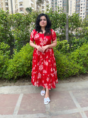 Red Floral Georgette Midi Dress