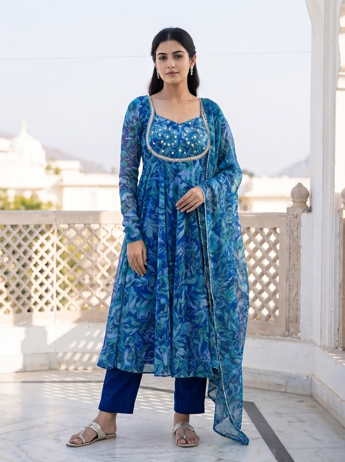 Blue Floral Chiffon Anarkali Set With Mirror Work|Festive Wear
