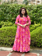 Printed floral pink georgette anarkali|Heavy Flare- Festive & Wedding Wear