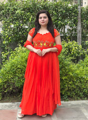 Hand Embroidered Orange Georgette Pleated Anarkali