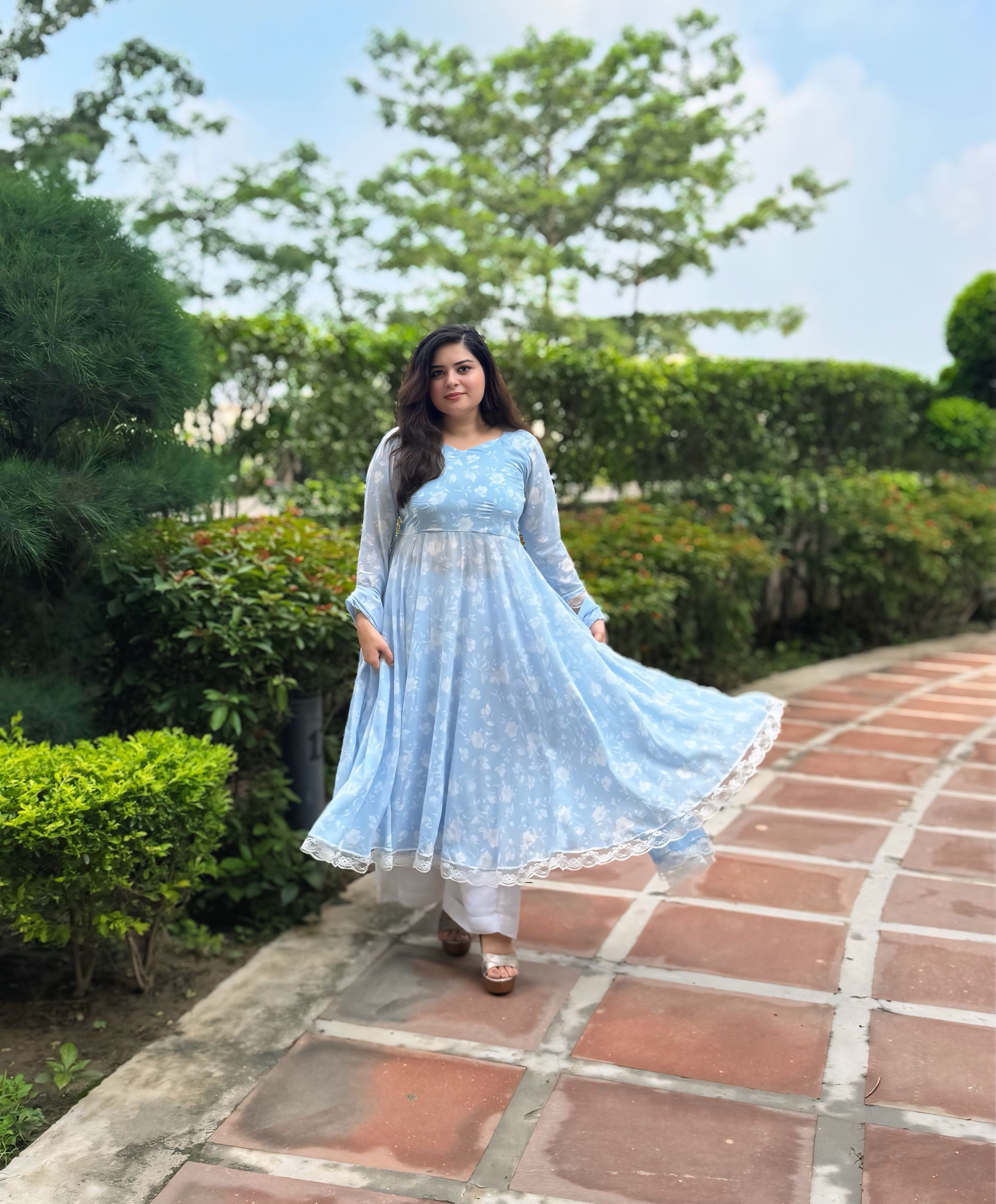 Pure Georgette Powder Blue Cinderella Kurta set