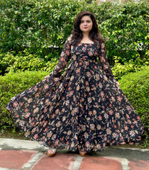 Printed Floral Black Chiffon Anarkali|Heavy Flare- Festive & Wedding Wear