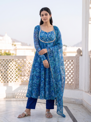 Blue Floral Chiffon Anarkali Set With Mirror Work|Festive Wear