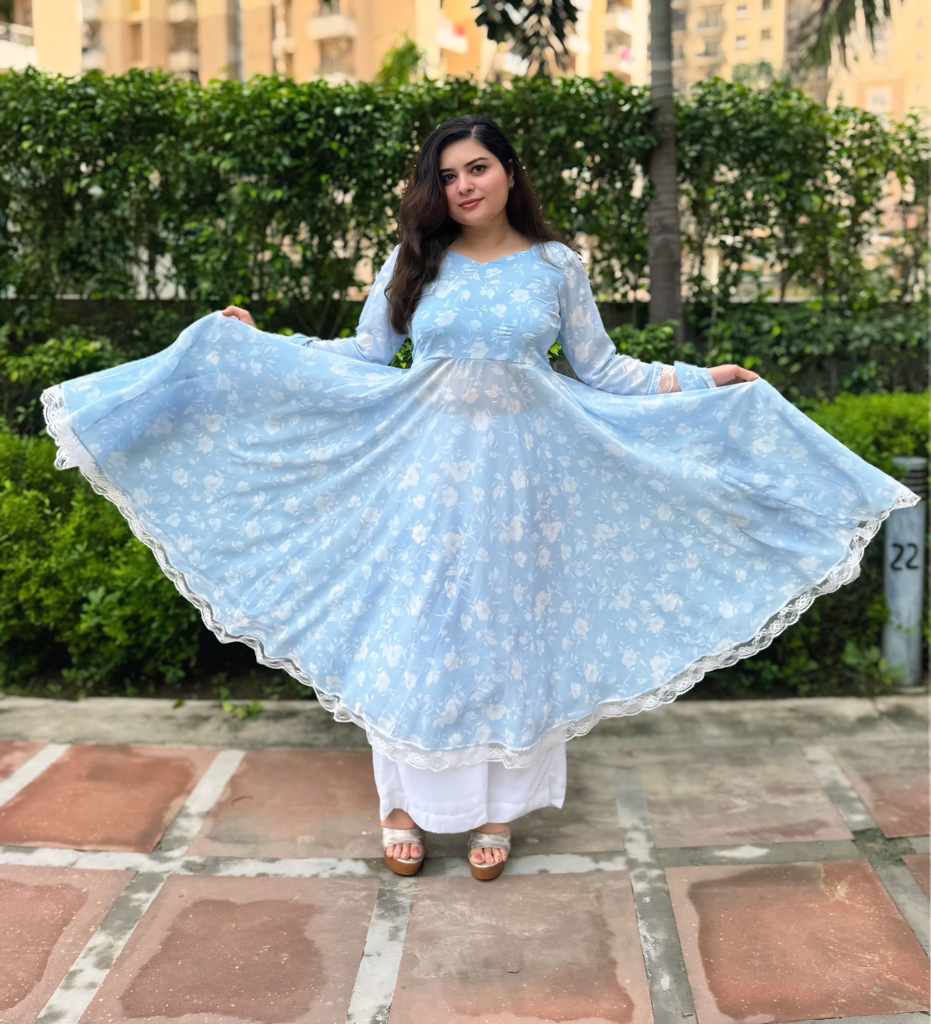 Pure Georgette Powder Blue Cinderella Kurta set