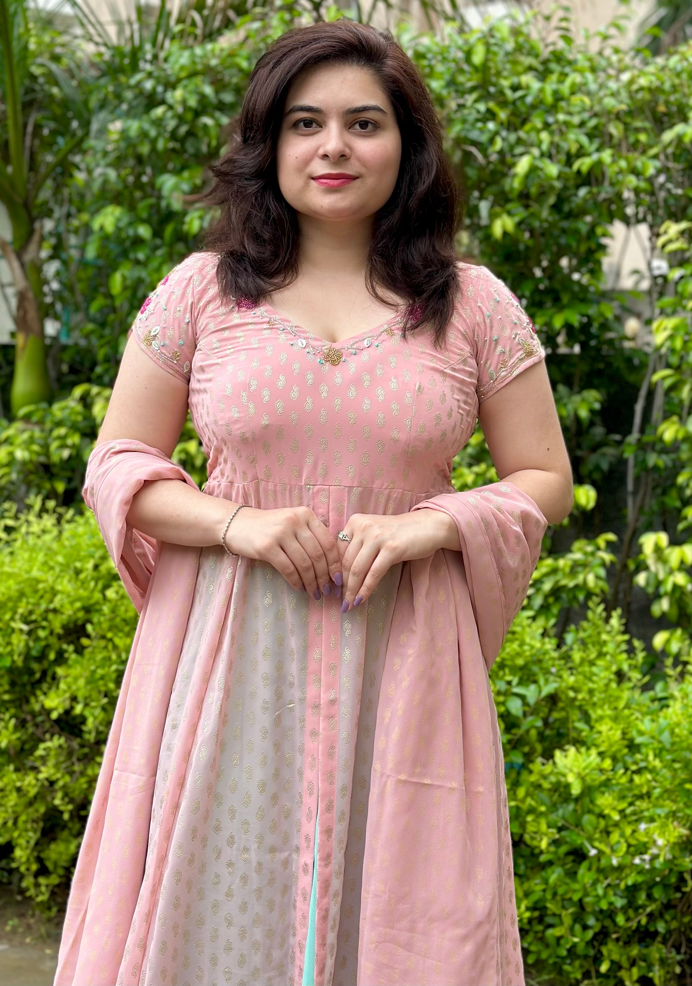 Hand Embroidered Pink Foil Printed Skirt Set