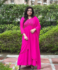 Hand Embroidered Rani pink Anarkali
