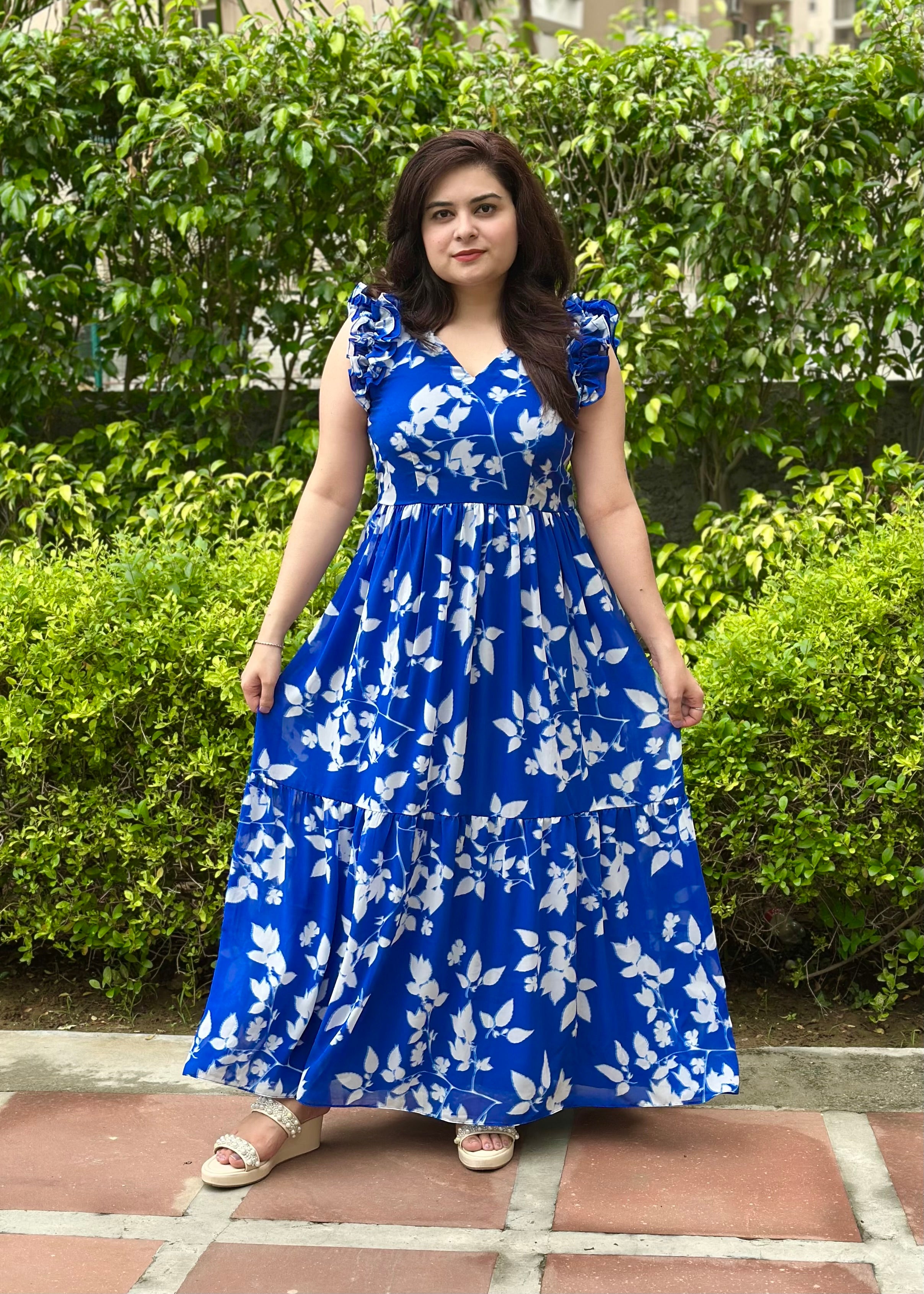 Printed Blue Georgette Tiered Maxi Dress kasumi.in Printed Blue Georgette Tiered Maxi Dress kasumi.in