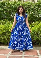 Printed Blue Georgette Tiered Maxi Dress