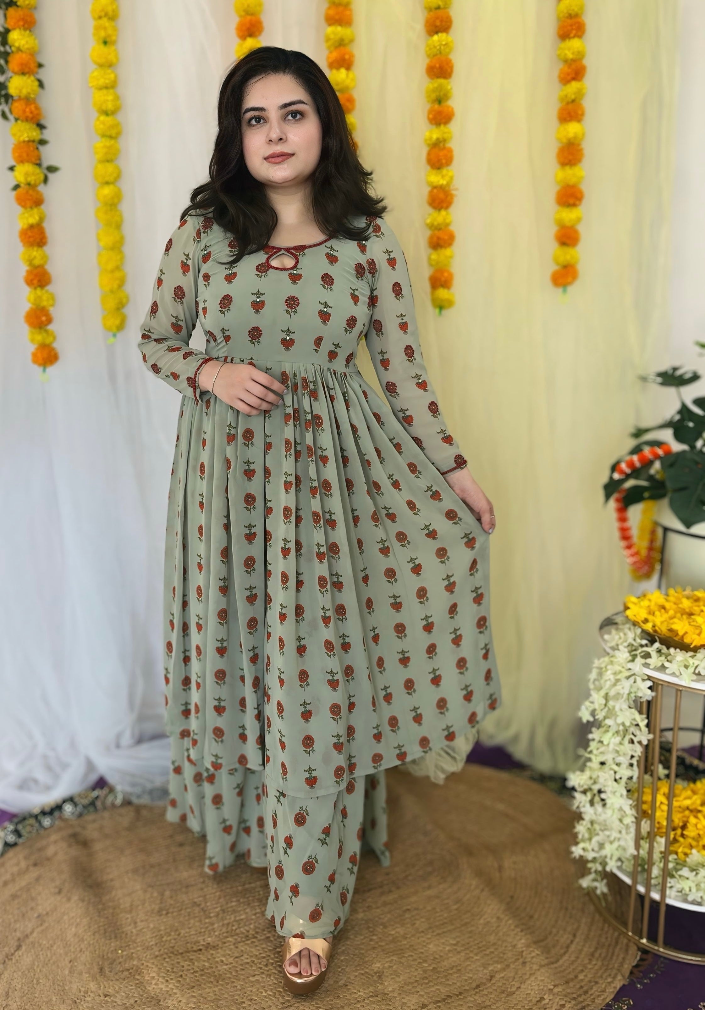 Hand embroidered printed Georgette kurta set