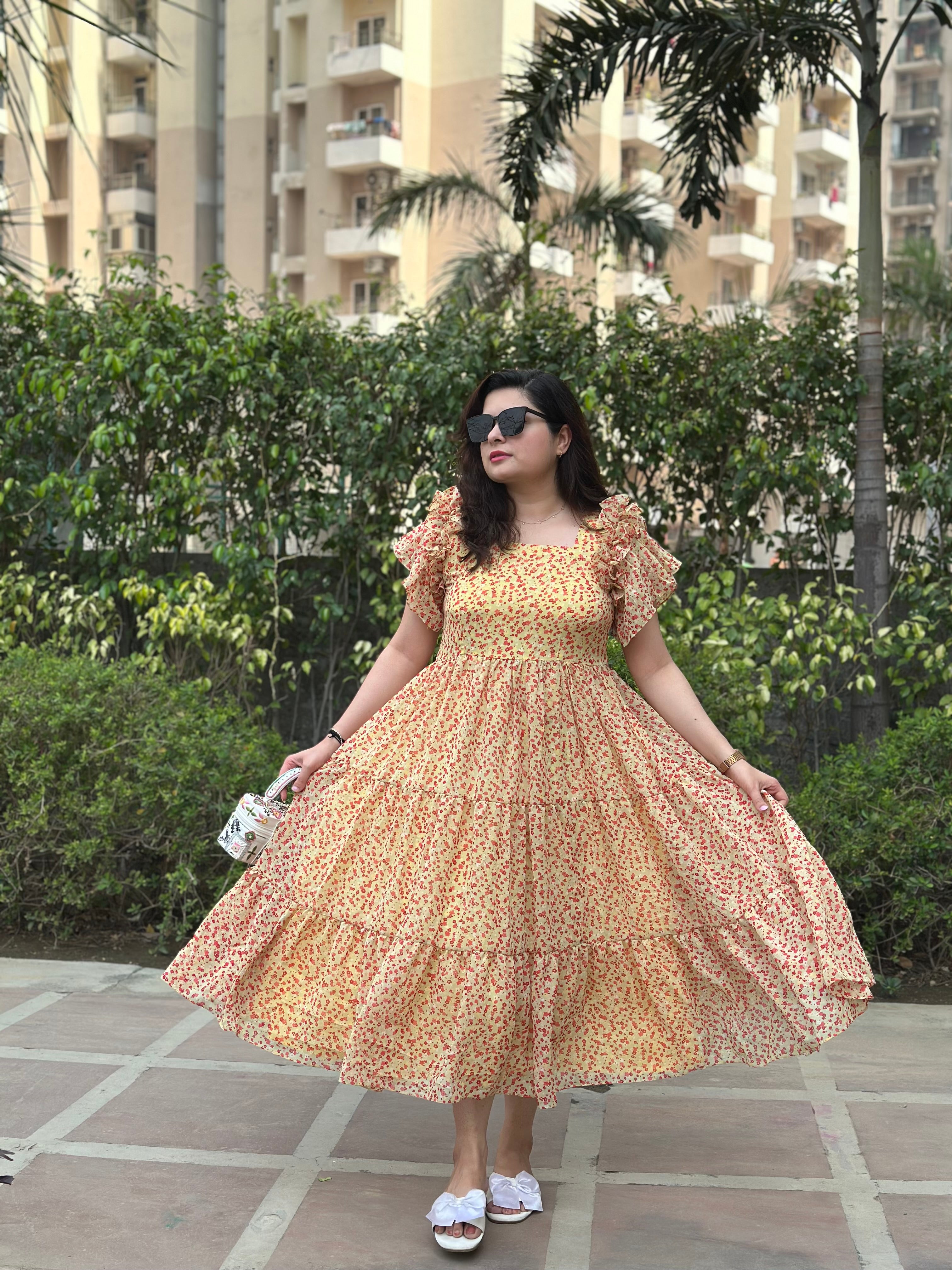 Yellow Georgette Summer Dress For Women with Flattering Sleeves