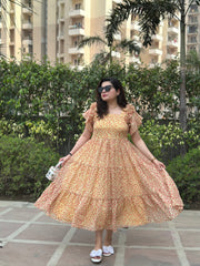 Yellow Georgette Summer Dress For Women with Flattering Sleeves