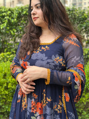 Navy Printed Floral Kurta Set