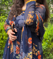Navy Printed Floral Kurta Set