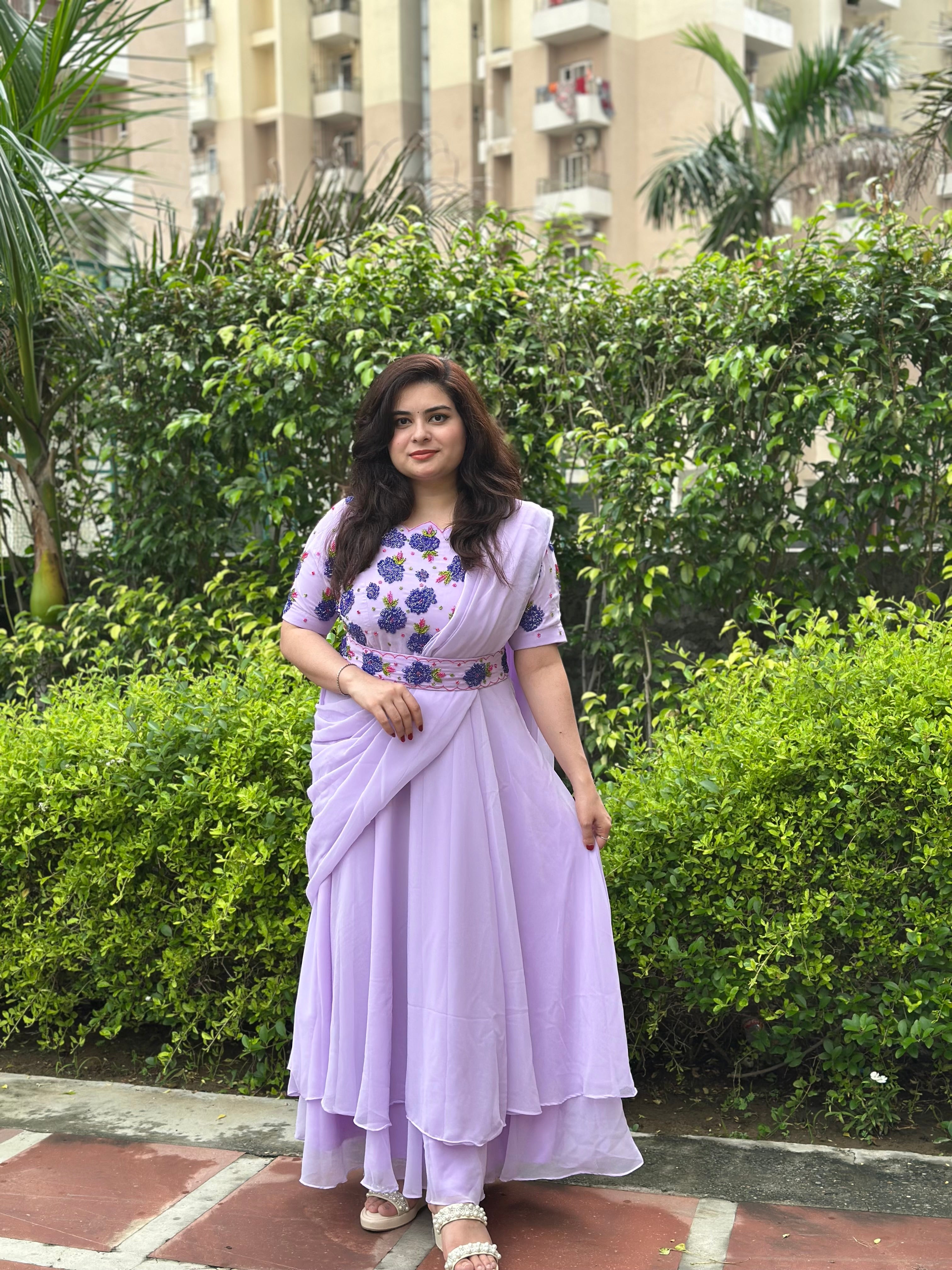 Hand embroidered partywear drape lilac double layer gown