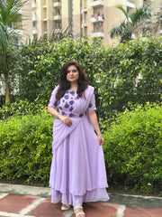 Hand embroidered partywear drape lilac double layer gown