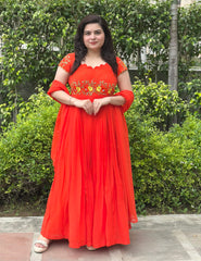 Hand Embroidered Orange Georgette Pleated Anarkali