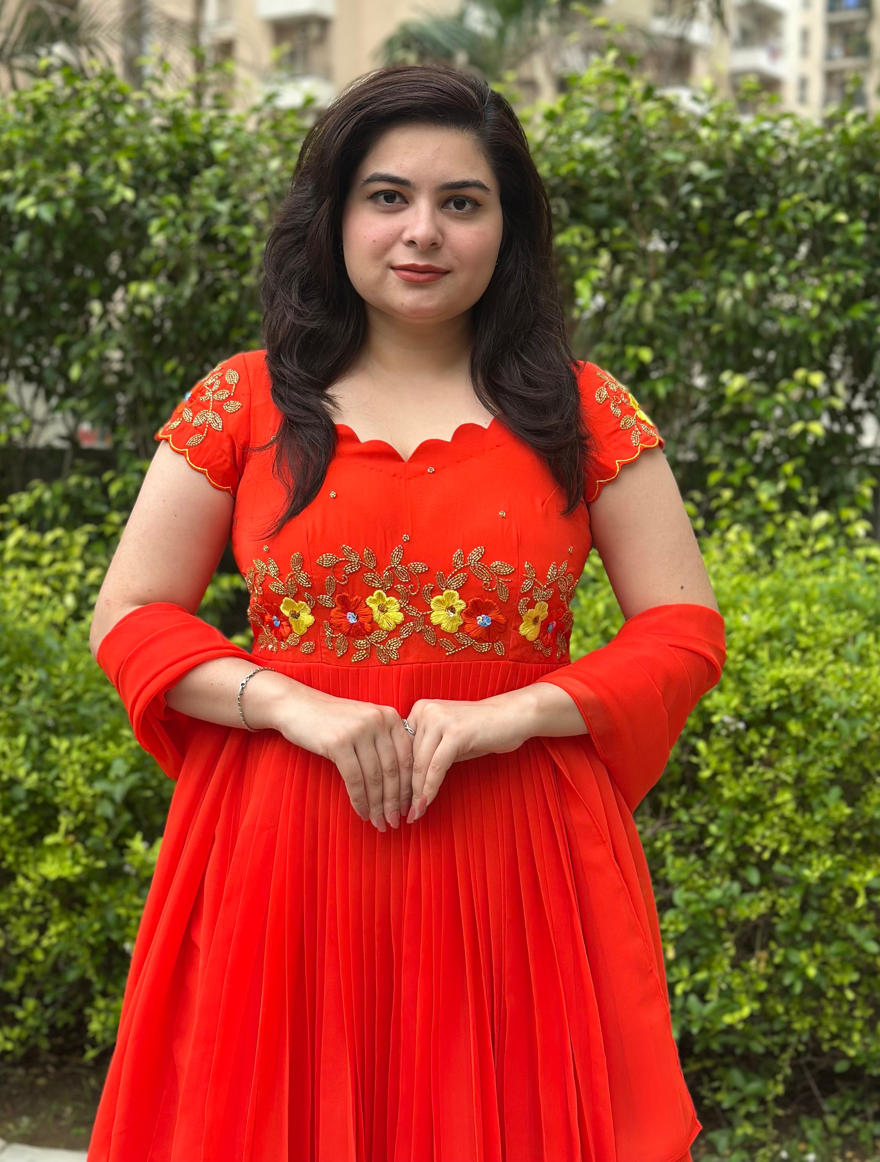 Hand Embroidered Orange Georgette Pleated Anarkali