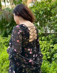 Hand Embroidered Black Printed Chiffon Sharara Set