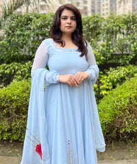 Party wear Hand Embroidered Powder Blue Georgette Anarkali
