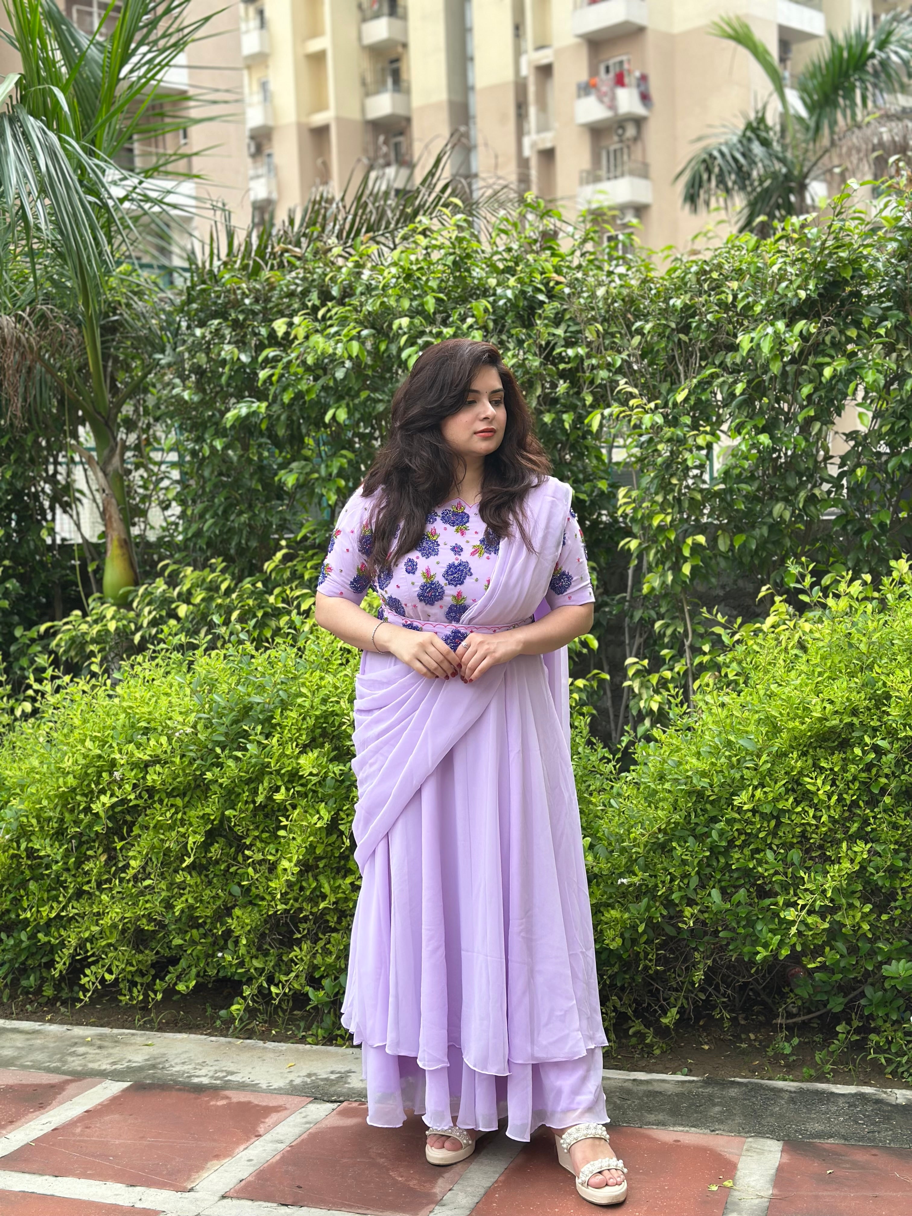 Hand embroidered partywear drape lilac double layer gown