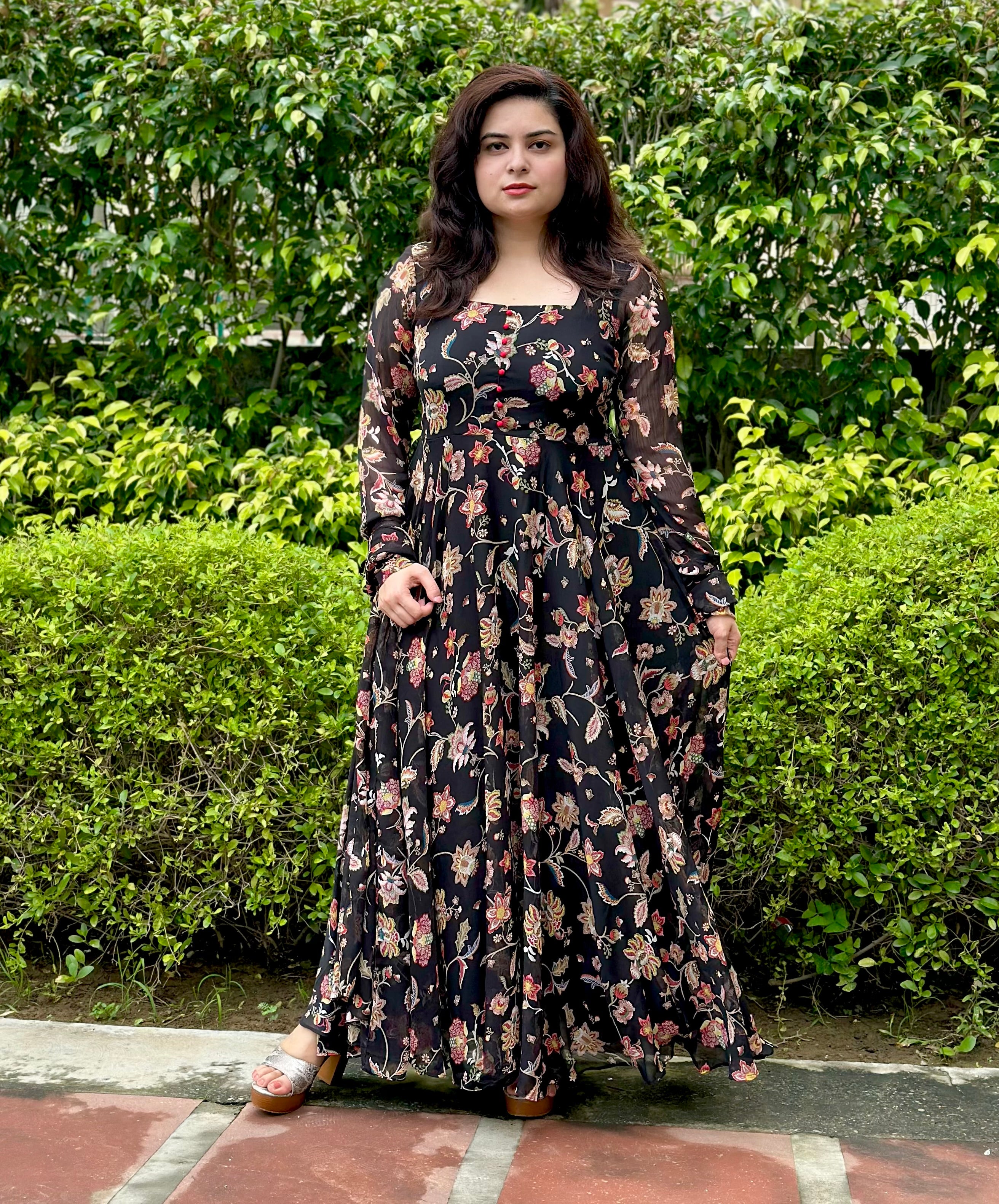 Printed Floral Black Chiffon Anarkali|Heavy Flare- Festive & Wedding Wear