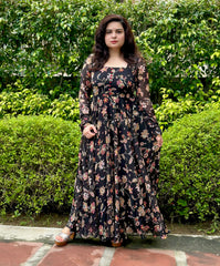 Printed Floral Black Chiffon Anarkali|Heavy Flare- Festive & Wedding Wear