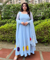 Party wear Hand Embroidered Powder Blue Georgette Anarkali