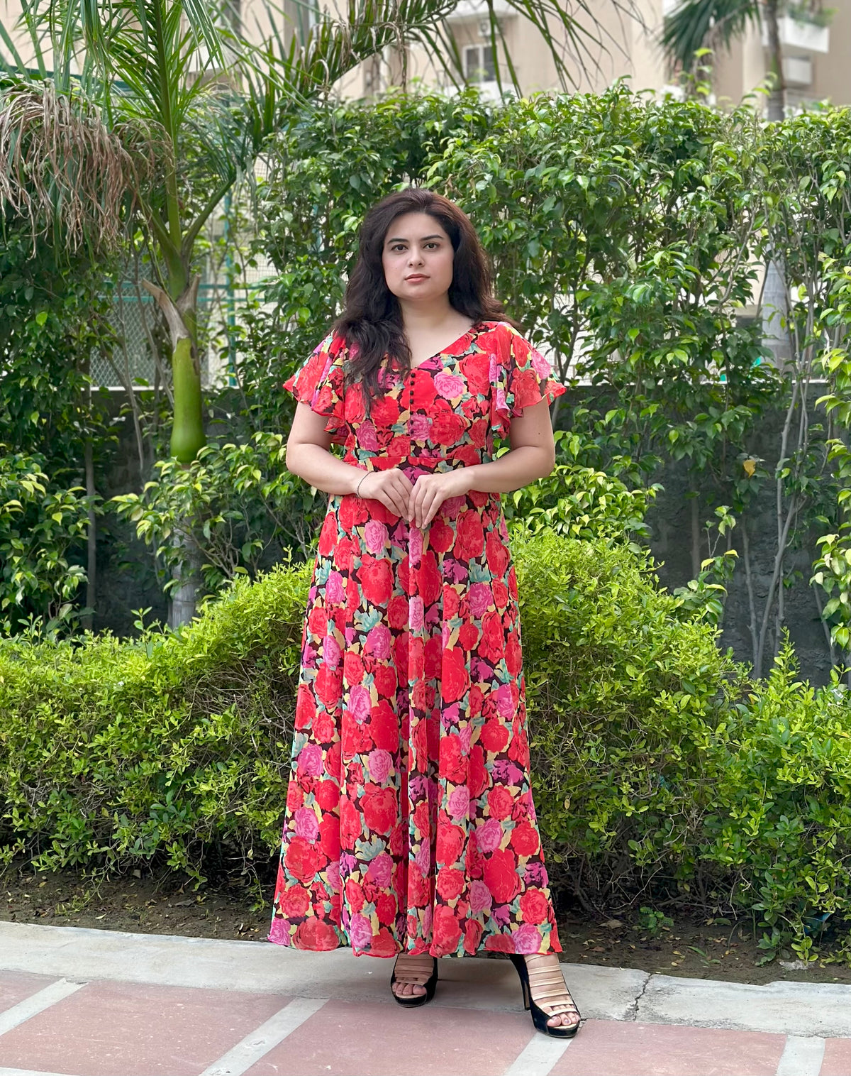 Floral Printed Chiffon Maxi With Umbrella Sleeves- Chic Party&Festive wear