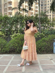 Yellow Georgette Summer Dress For Women with Flattering Sleeves