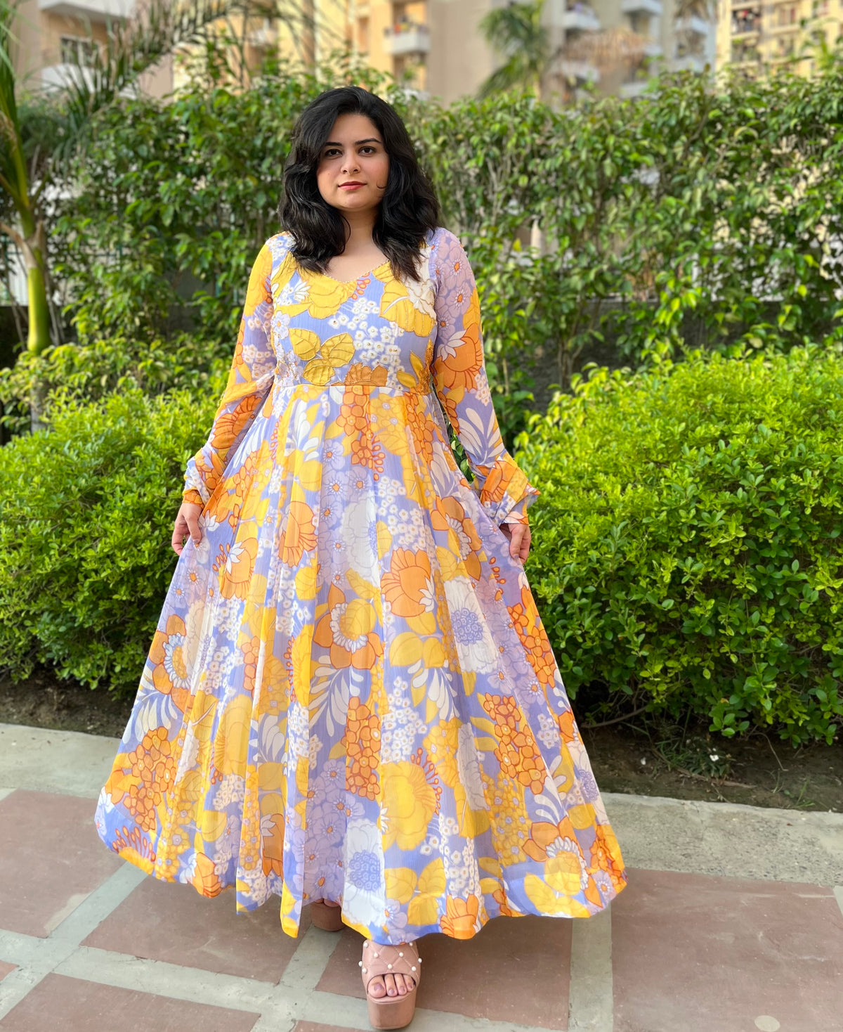 Party wear printed hand embroidered chiffon anarkali