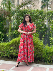 Floral Printed Chiffon Maxi With Umbrella Sleeves- Chic Party&Festive wear