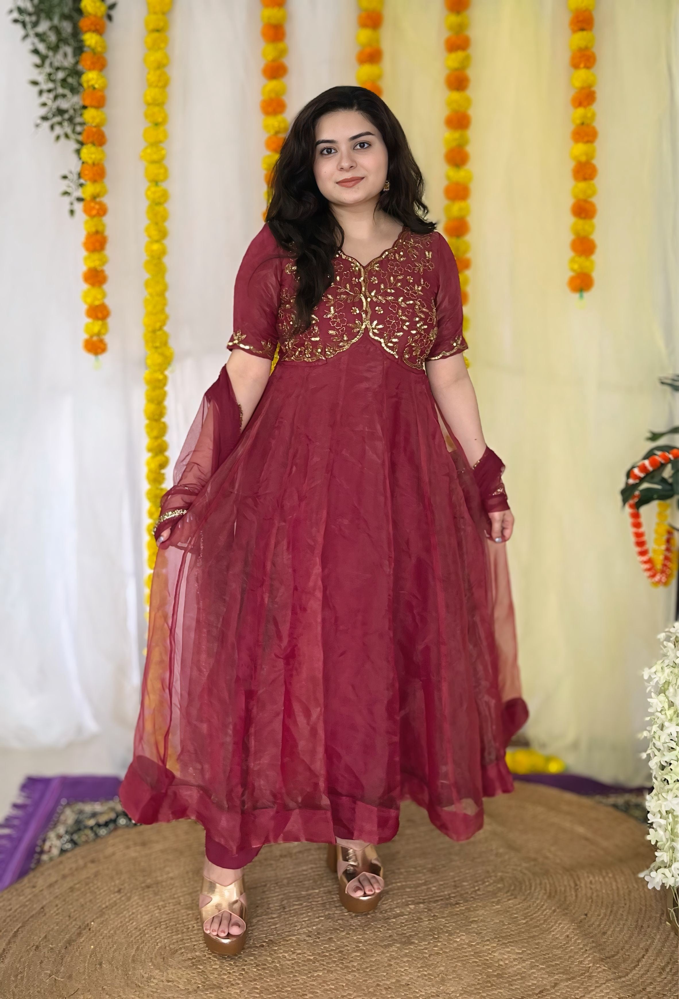 Party wear hand embroidered glass tissue anarkali set