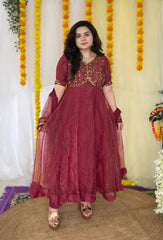 Party wear hand embroidered glass tissue anarkali set