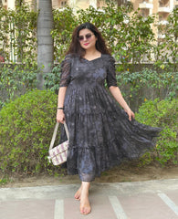 Grey Floral Chiffon Midi For Women|Elegant Summer Dress