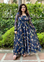 Dark Blue Floral Chiffon Anarkali With Dupatta | Heavy flare