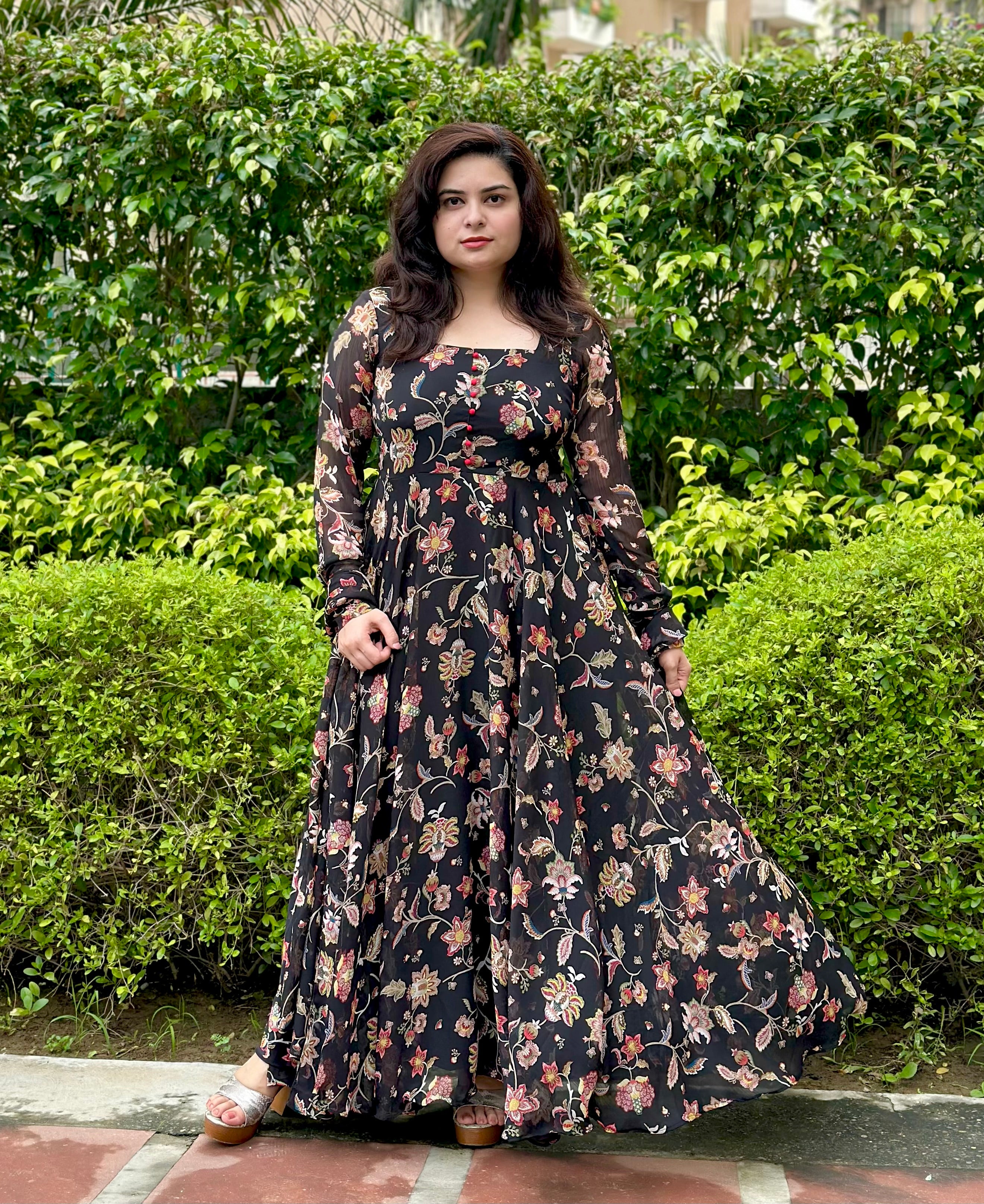 Printed Floral Black Chiffon Anarkali|Heavy Flare- Festive & Wedding Wear